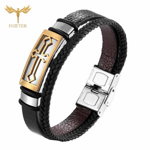 Vintage Men's Cross Leather Bangle Braided Rope Stainless Steel Accessories