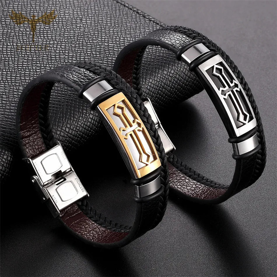 Vintage Men's Cross Leather Bangle Braided Rope Stainless Steel Accessories