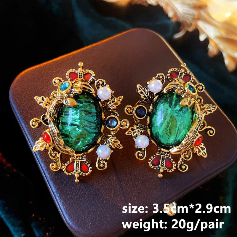 Vintage Metal Geometric Stud Earrings Resin Pearl S925 Silver Needle