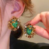 Vintage Metal Geometric Stud Earrings Resin Pearl S925 Silver Needle