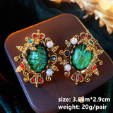 Vintage Metal Geometric Stud Earrings Resin Pearl S925 Silver Needle