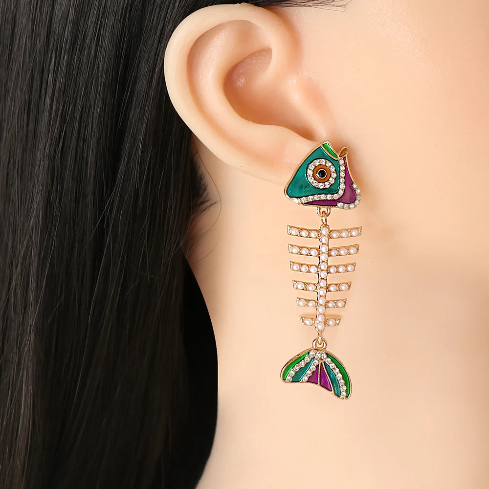 Vintage Fish Shape Drop Earrings Enamel Plated Metal
