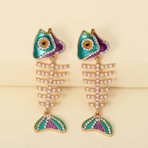 Vintage Fish Shape Drop Earrings Enamel Plated Metal