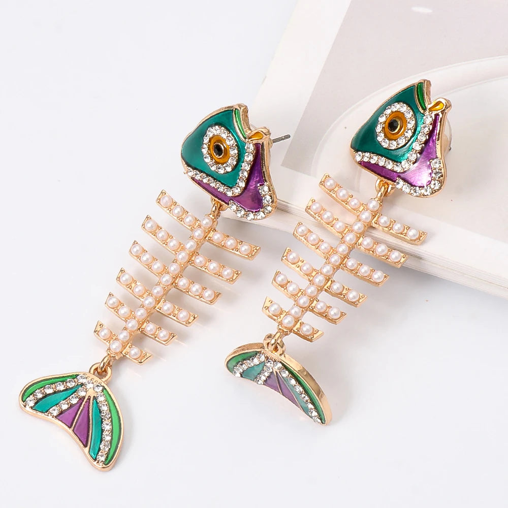 Vintage Fish Shape Drop Earrings Enamel Plated Metal