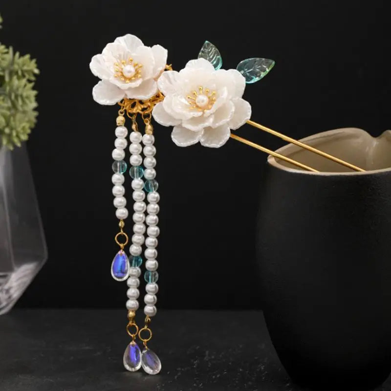 Vintage Metal Hair Fork U Shape Flower Hanfu Accessory with Tassel