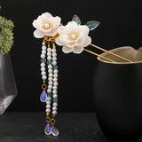 Vintage Metal Hair Fork U Shape Flower Hanfu Accessory with Tassel