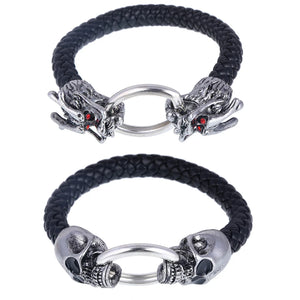 Vintage Metal Skull Dragon Head Buckle Leather Bracelet Bangle