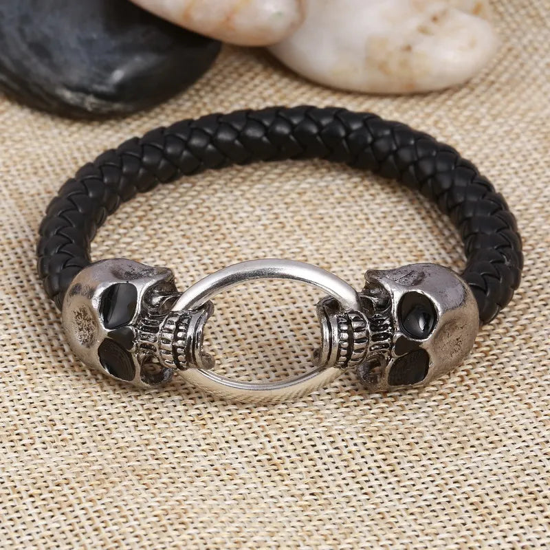 Vintage Metal Skull Dragon Head Buckle Leather Bracelet Bangle