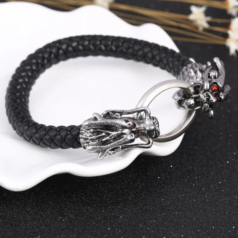 Vintage Metal Skull Dragon Head Buckle Leather Bracelet Bangle