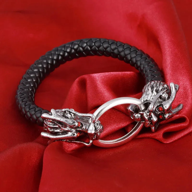 Vintage Metal Skull Dragon Head Buckle Leather Bracelet Bangle