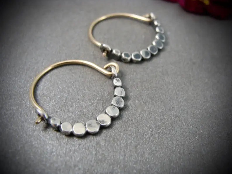 Vintage Hand Beaded Metal Hoop Earrings