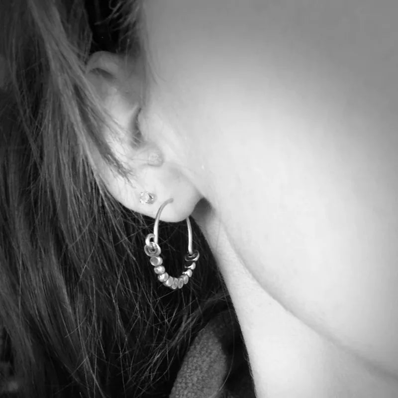 Vintage Hand Beaded Metal Hoop Earrings