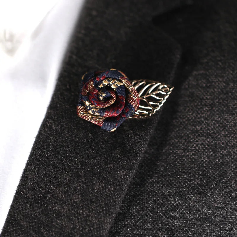 Vintage Mix Fabric Rose Brooch Tassel Chain Men Suit Collar Brooch