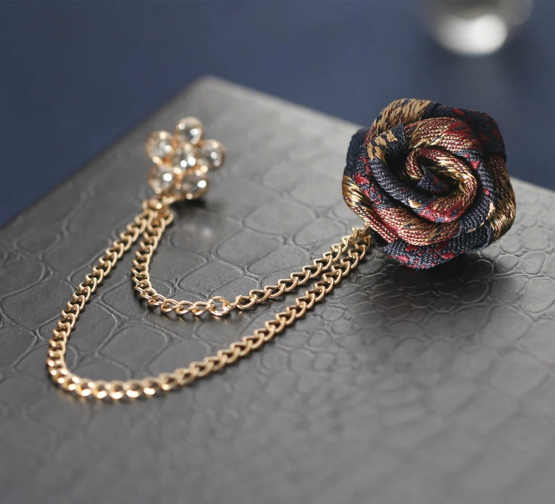 Vintage Mix Fabric Rose Brooch Tassel Chain Men Suit Collar Brooch