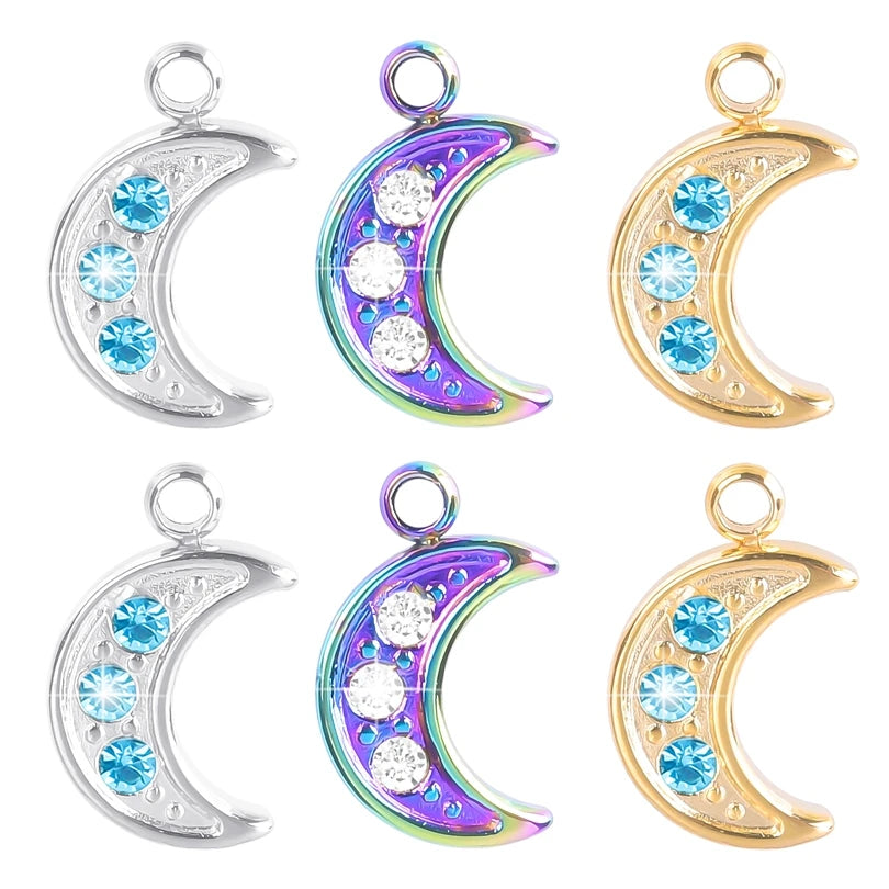 Vintage Moon Earring with Rhinestone Pendant Stainless Steel Charm