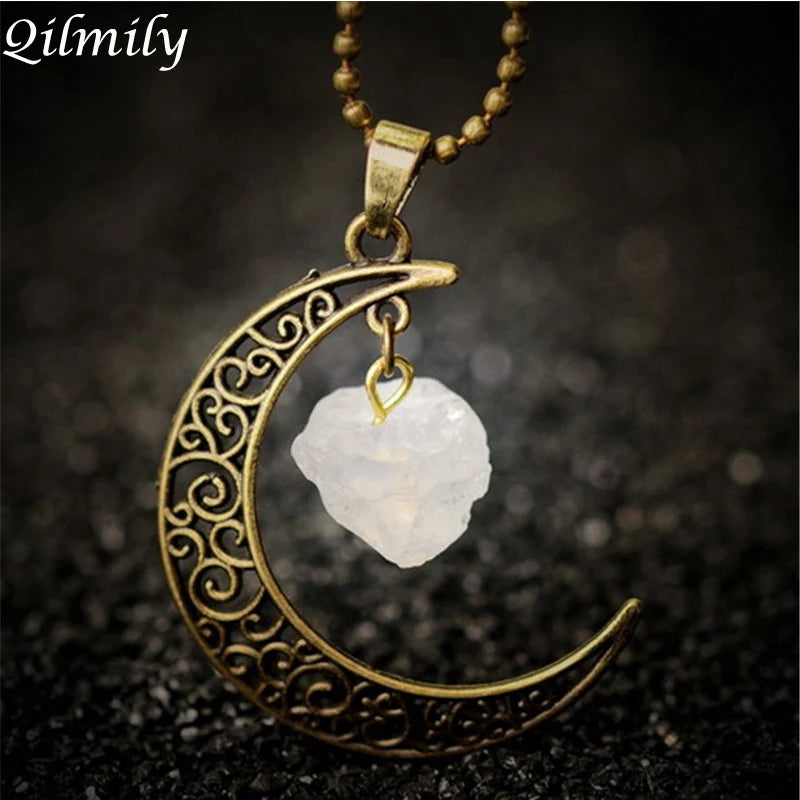 Vintage Moon Necklace Natural Stone Quartz Pendant