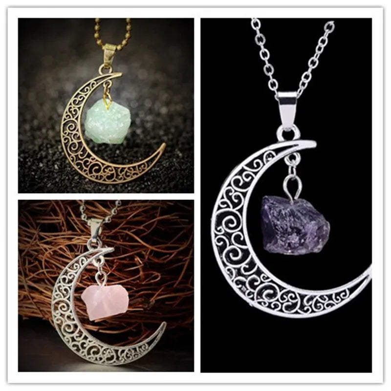 Vintage Moon Necklace Natural Stone Quartz Pendant