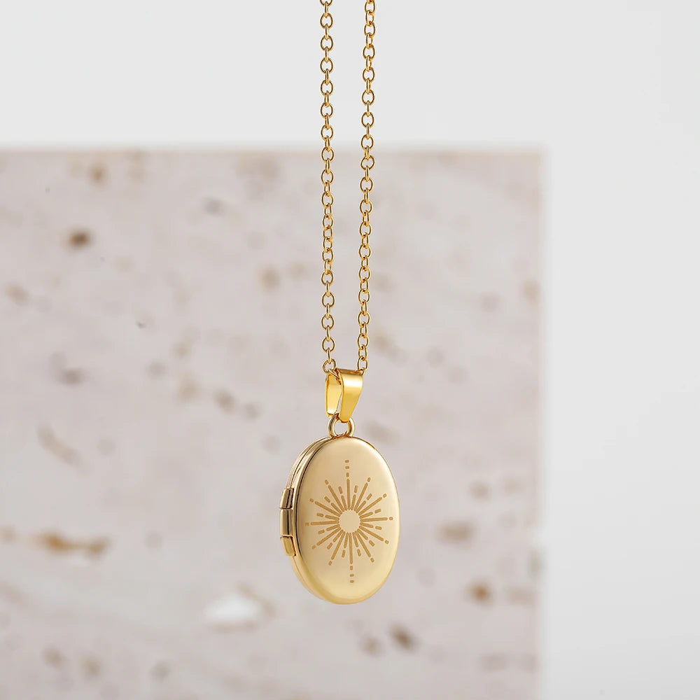Vintage Moon Sun Evil Eyes Oval Locket Necklace Stainless Steel Choker