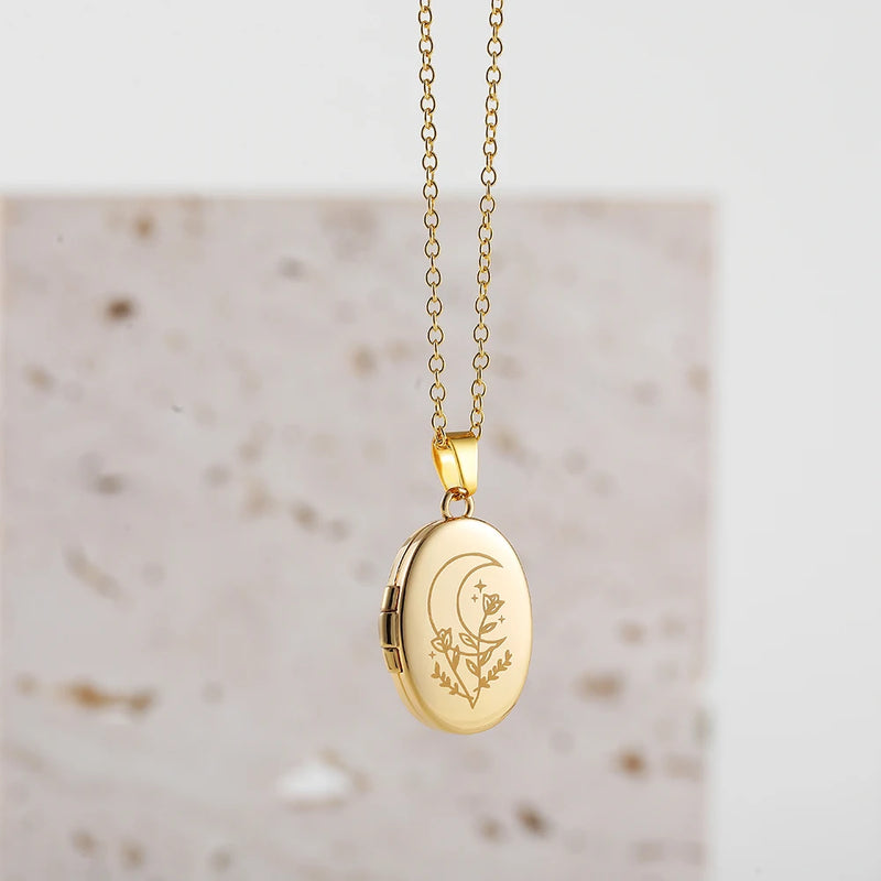 Vintage Moon Sun Evil Eyes Oval Locket Necklace Stainless Steel Choker