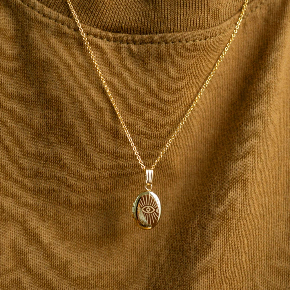 Vintage Moon Sun Evil Eyes Oval Locket Necklace Stainless Steel Choker