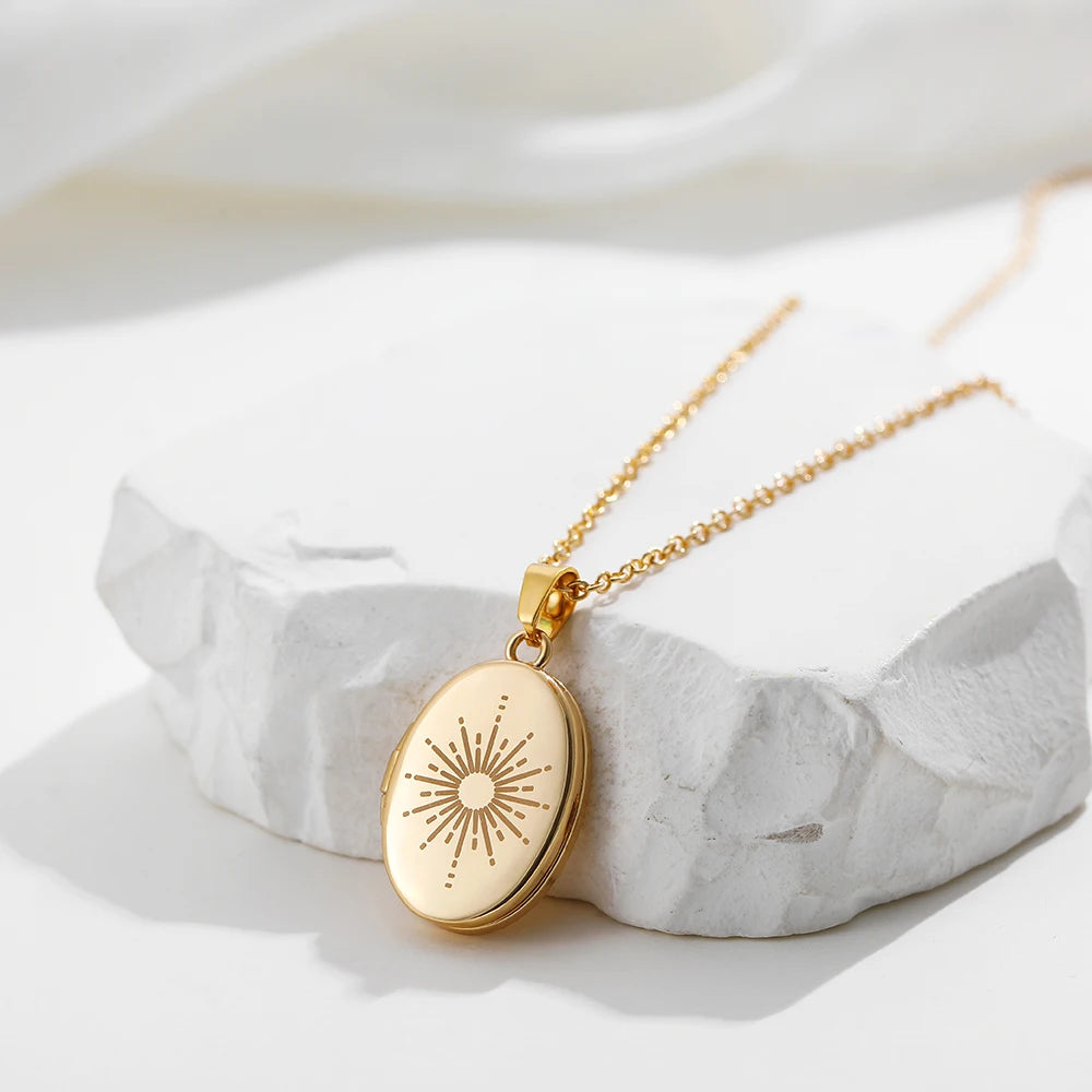 Vintage Moon Sun Evil Eyes Oval Locket Necklace Stainless Steel Choker