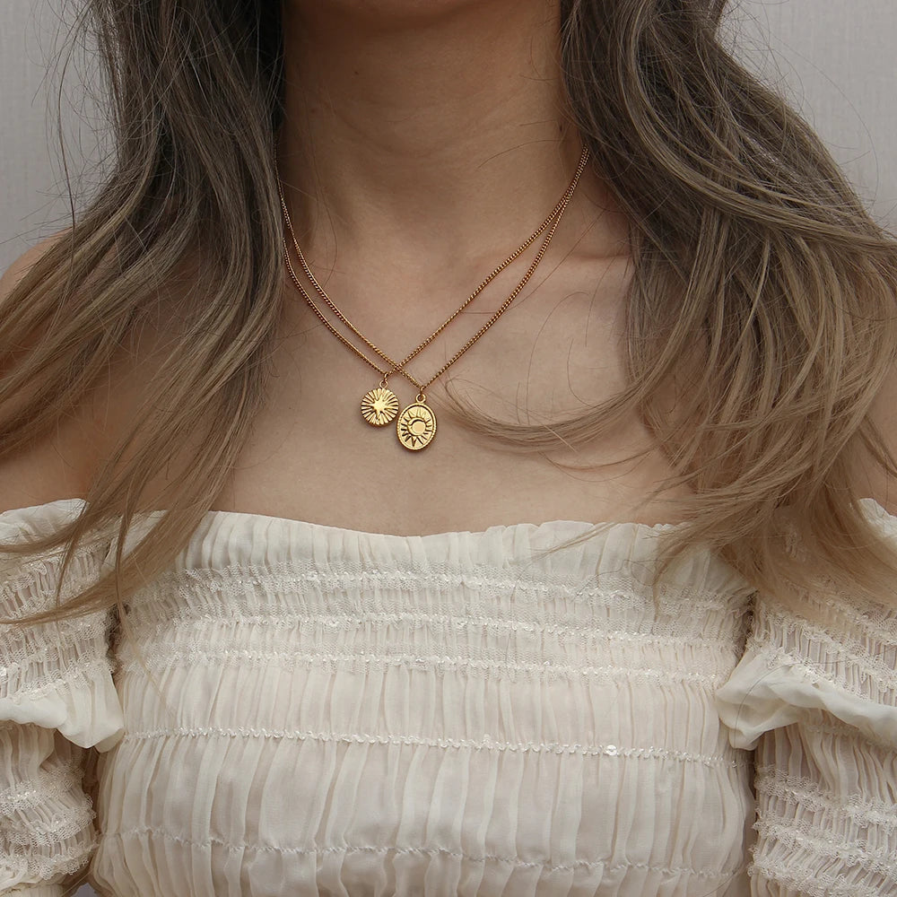 Vintage Moon Sun Star Pendant Necklace Stainless Steel