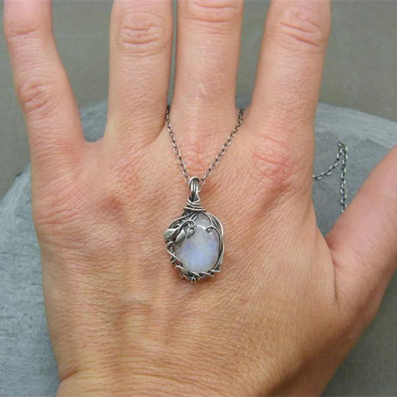 Vintage Moonstone Drop Necklace Bohemian Leaf Pendant Jewelry