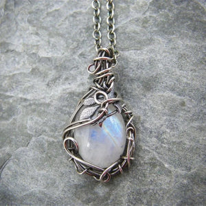 Vintage Moonstone Drop Necklace Bohemian Leaf Pendant Jewelry