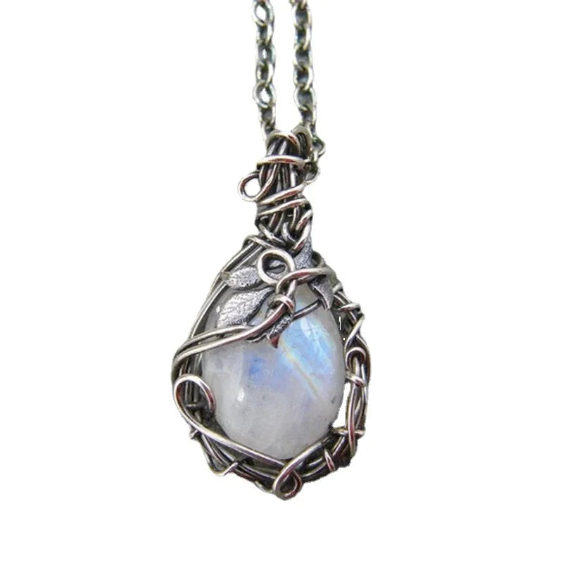 Vintage Moonstone Drop Necklace Bohemian Leaf Pendant Jewelry