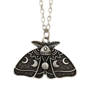 Vintage Moth Pendant Necklace Moon Phase Charms Gothic Jewelry