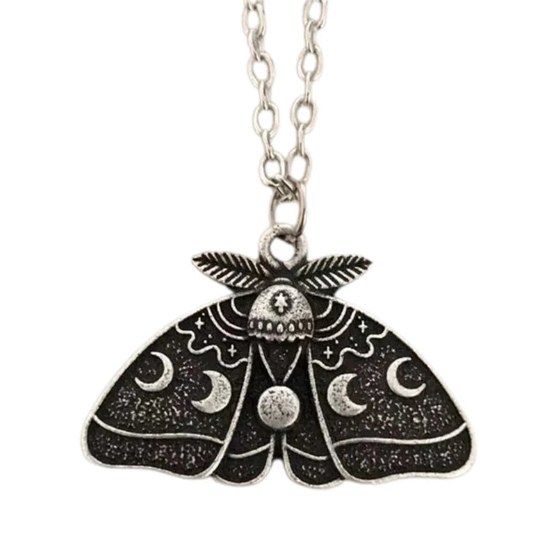 Vintage Moth Pendant Necklace Moon Phase Charms Gothic Jewelry