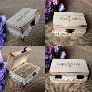 Vintage Mr & Mrs Wooden Ring Box with Cotton Lace Ring Holder