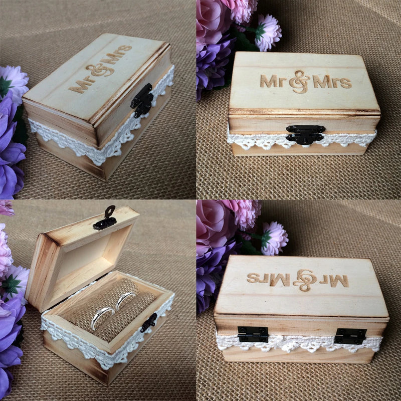 Vintage Mr & Mrs Wooden Ring Box with Cotton Lace Ring Holder