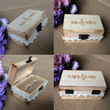 Vintage Mr & Mrs Wooden Ring Box with Cotton Lace Ring Holder