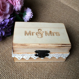 Vintage Mr & Mrs Wooden Ring Box with Cotton Lace Ring Holder