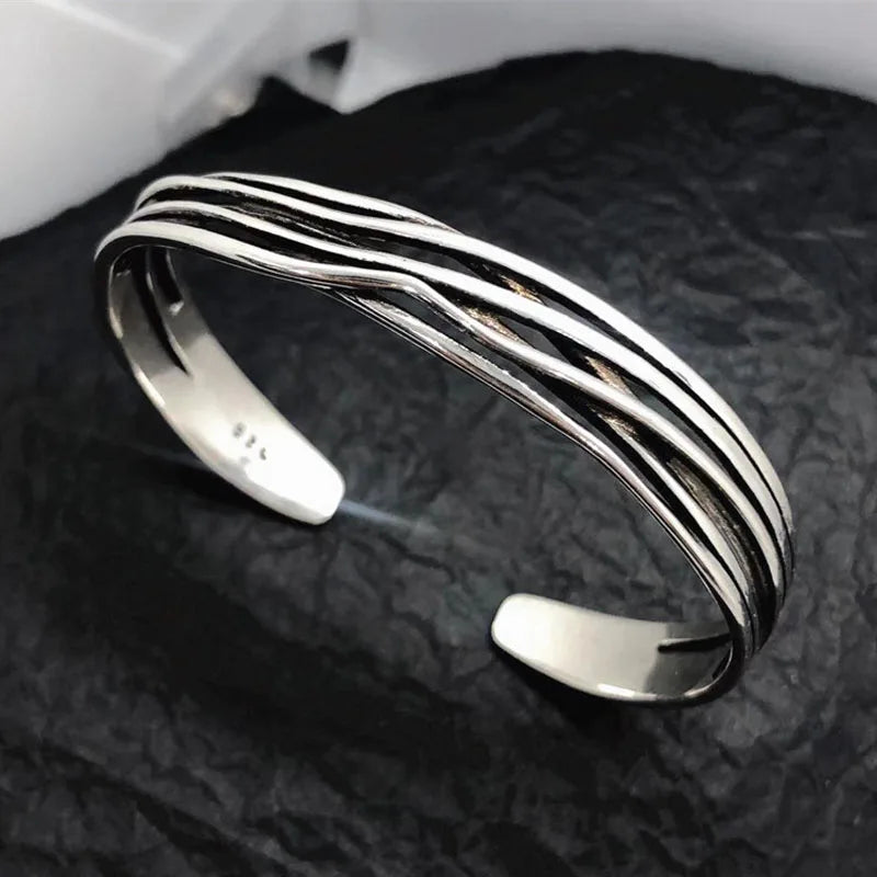Vintage Multi-Layer Wave Open Silver Bangles
