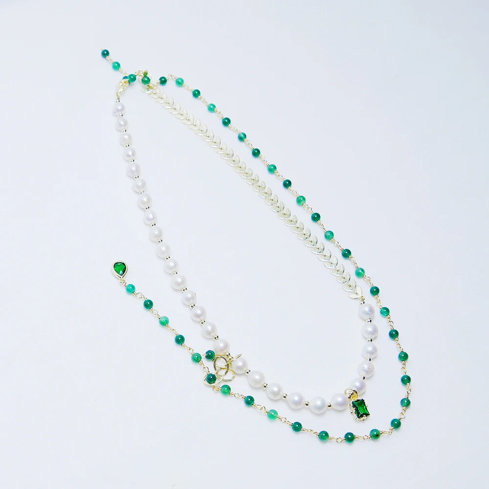 Vintage Green Zircon & Pearl Necklaces Boho Leaf Jewelry