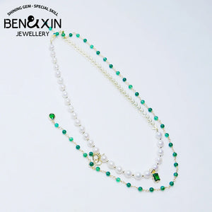 Vintage Green Zircon & Pearl Necklaces Boho Leaf Jewelry
