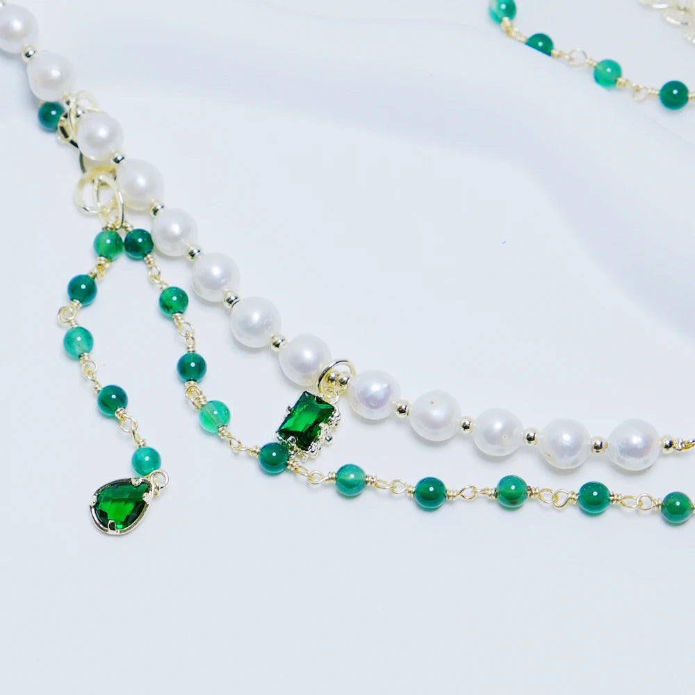 Vintage Green Zircon & Pearl Necklaces Boho Leaf Jewelry