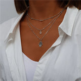 Layered Coin Moon Hamsa Hand Chain Necklaces for Women