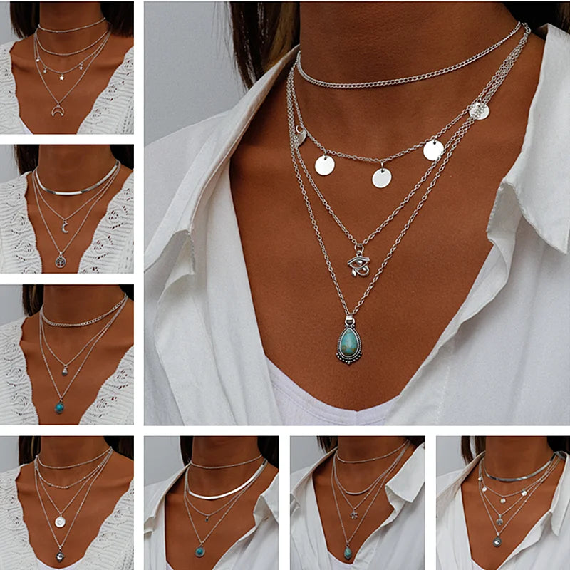 Layered Coin Moon Hamsa Hand Chain Necklaces for Women
