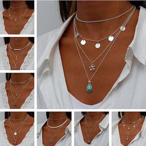 Layered Coin Moon Hamsa Hand Chain Necklaces for Women