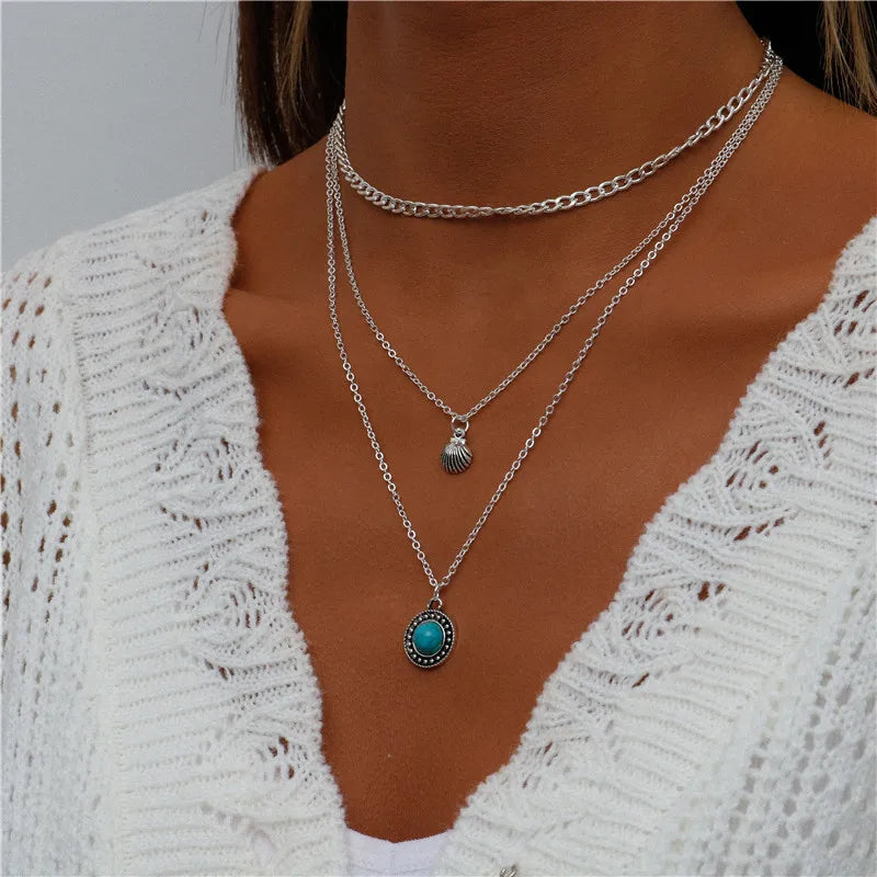Layered Coin Moon Hamsa Hand Chain Necklaces for Women