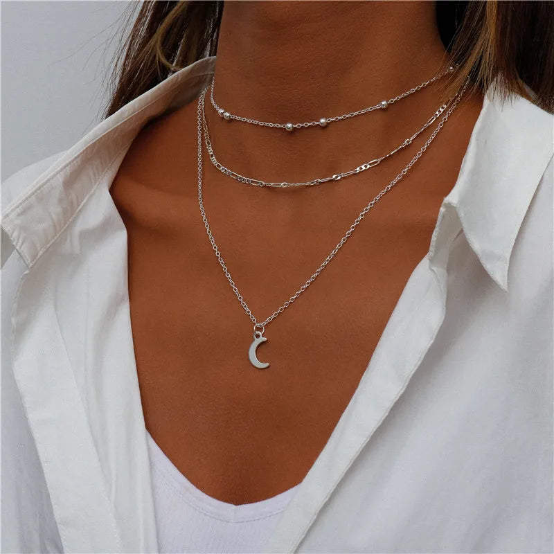 Layered Coin Moon Hamsa Hand Chain Necklaces for Women
