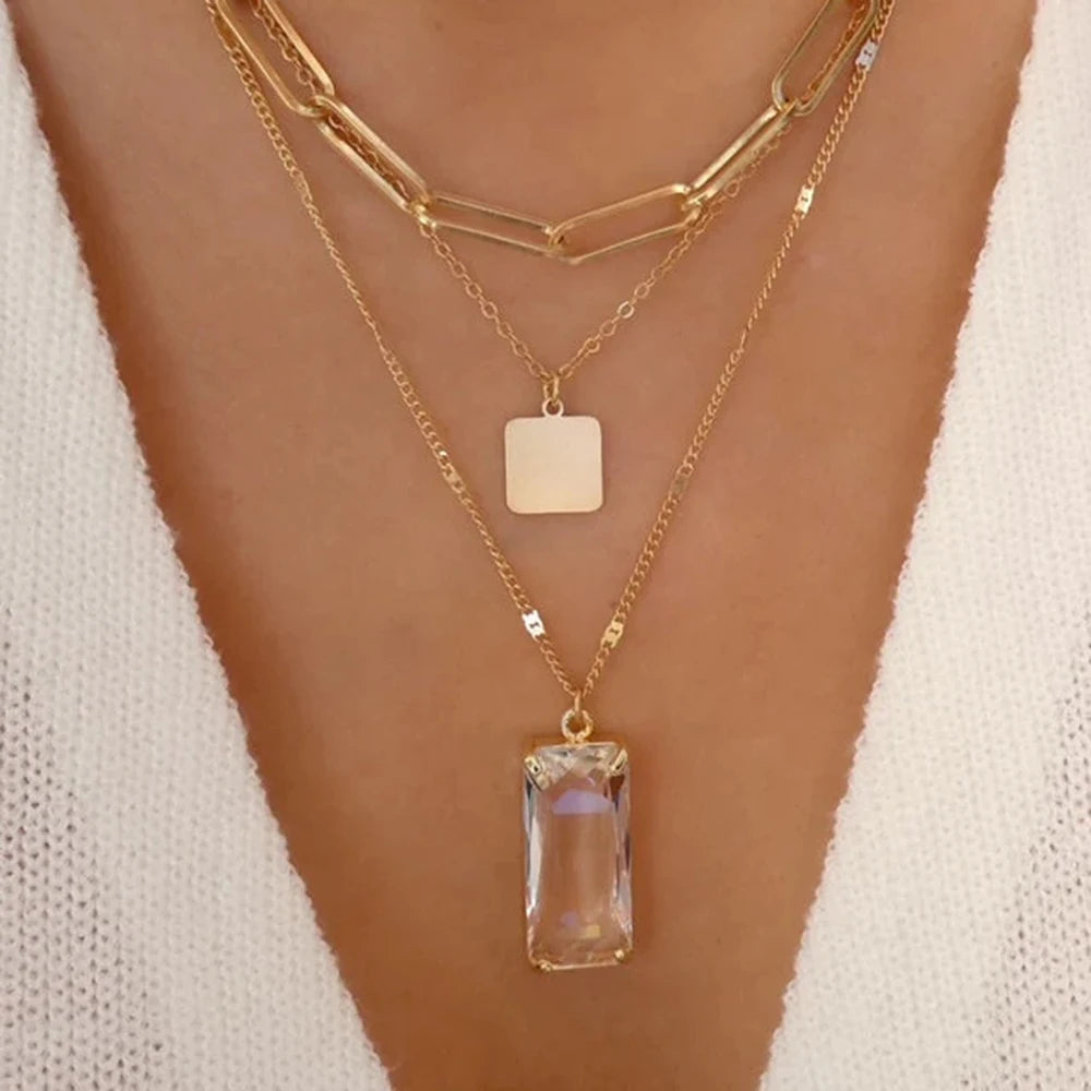 Vintage Stainless Steel Green Crystal Pendant Necklace for Women
