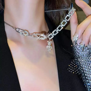 Vintage Crystal Bear Pendant Necklace For Women Silver Punk Long Necklaces