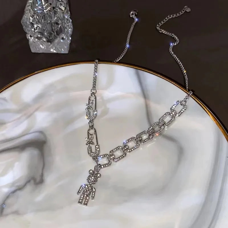 Vintage Crystal Bear Pendant Necklace For Women Silver Punk Long Necklaces