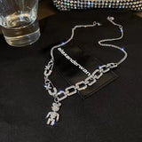 Vintage Crystal Bear Pendant Necklace For Women Silver Punk Long Necklaces