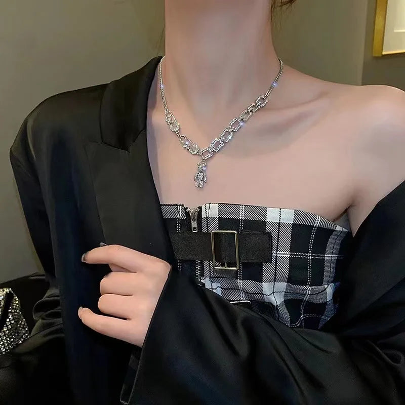 Vintage Crystal Bear Pendant Necklace For Women Silver Punk Long Necklaces
