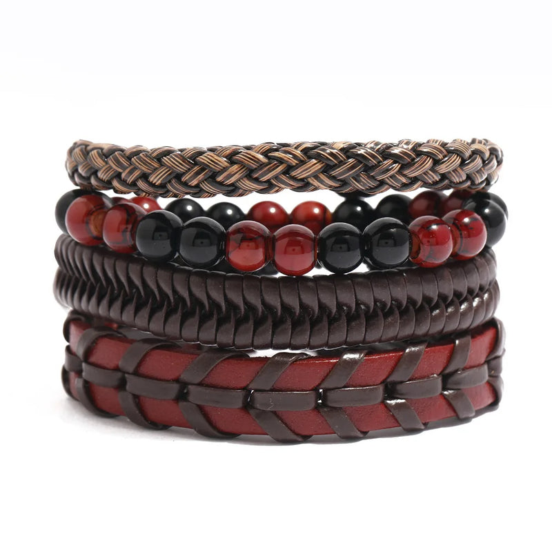 Vintage Men's Leather Bracelets Set Punk Beads Charms Wrap Wristband
